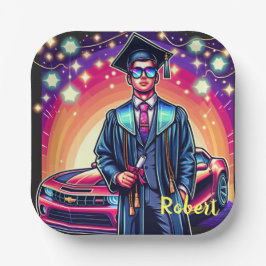 Cool Afstuderen man met mooie auto op maat Papieren Bordje