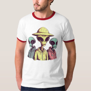 Cool Alien Trio Grafische T-Shirt – Retro UFO Stre