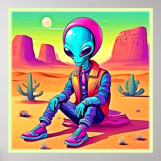 Cool Alien Woestijn Chillen Poster (Voorkant)