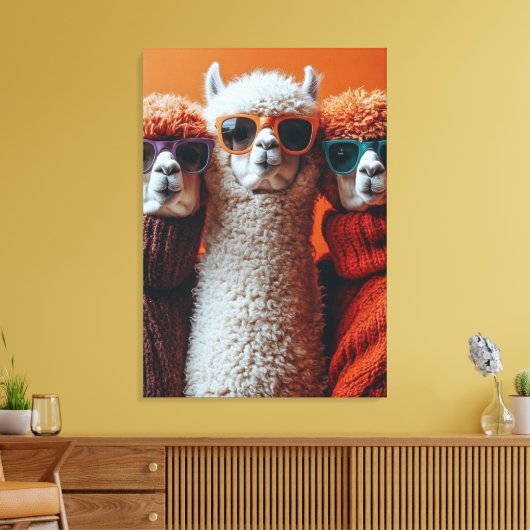 Cool Alpacas in Sweaters and Sunglasses Canvas Afdruk (Insitu (Woonkamer))