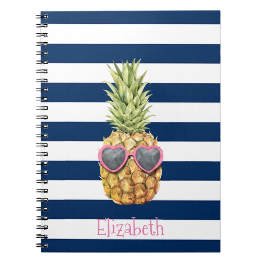 Cool Ananas Navy Blauwe Strepen Notitieboek (Voorkant)