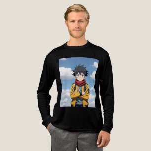Cool Anime Jongen met Blauwe Ogen en Gele Jas – Tri-Blend Shirt