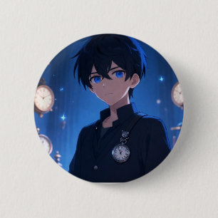 Cool Anime Jongen met Vintage Klokken Blauwe Esthe Ronde Button 5,7 Cm