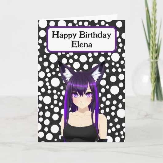 Cool Anime Meisje met Paarse Haar en Ogen Verjaard Kaart (Voorkant)