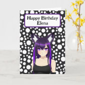 Cool Anime Meisje met Paarse Haar en Ogen Verjaard Kaart (Gele Bloem)