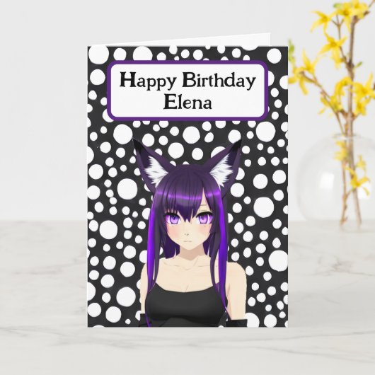 Cool Anime Meisje met Paarse Haar en Ogen Verjaard Kaart (Gele Bloem)