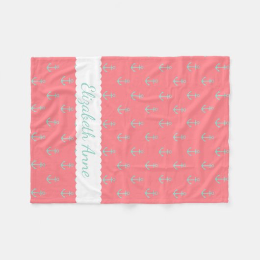 Cool Aqua Anchors op koraalroze gepersonaliseerd Fleece Deken (Voorkant (Horizontaal))