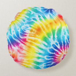 Cool Aqua Blauw Geel Rood Sinaasappel Tie Dye Rond Kussen