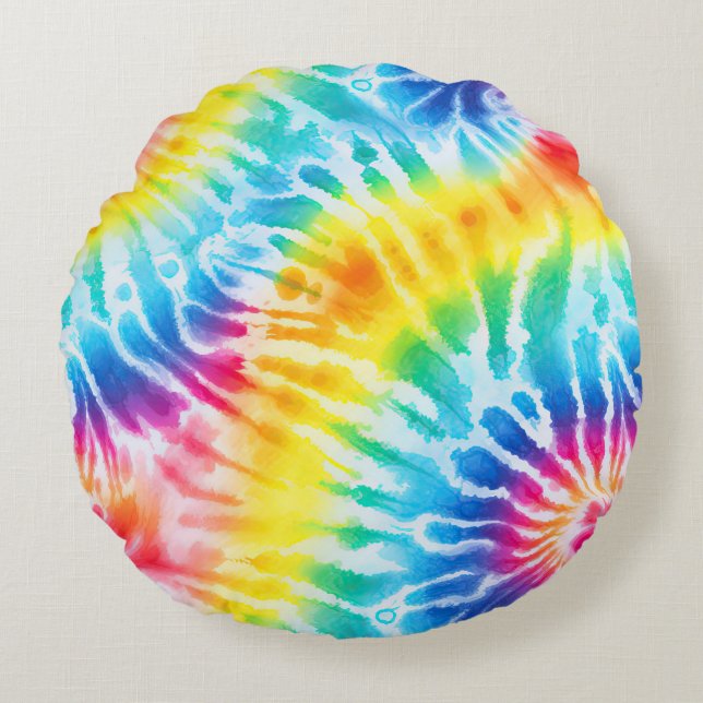 Cool Aqua Blauw Geel Rood Sinaasappel Tie Dye Rond Kussen (Voorkant)
