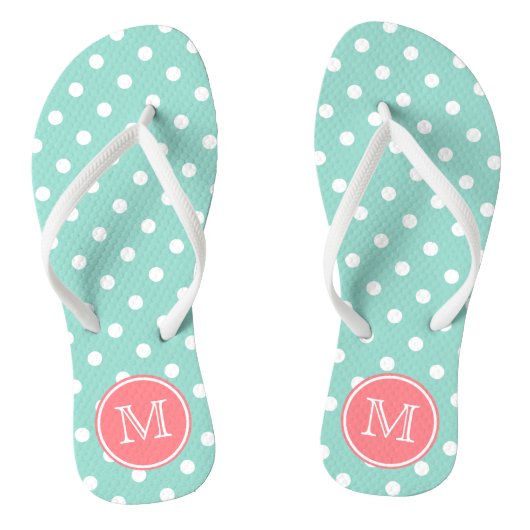 Cool Aqua en White Polka Dots with Coral Pink Teenslippers (Voetbed)