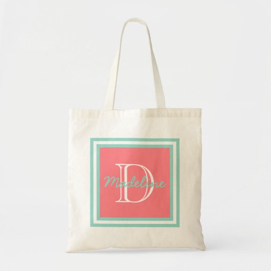 Cool Aqua on Coral Pink Monogram Tote Bag (Voorkant)