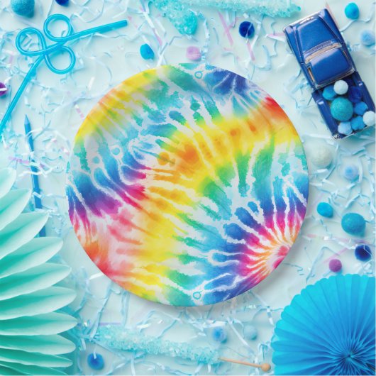 Cool Aqua Rood Blauw Geel Sinaasappel Tie Dye Papieren Bordje (Feest)