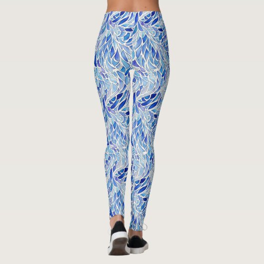 Cool Artsy Blue Abstracte Wave Feather Waterverf Leggings (Achterkant)