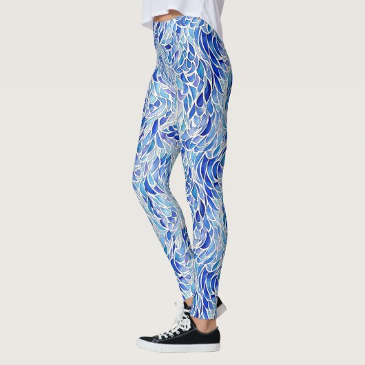 Cool Artsy Blue Abstracte Wave Feather Waterverf Leggings (Links)