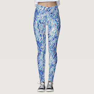 Cool Artsy Blue Abstracte Wave Feather Waterverf Leggings