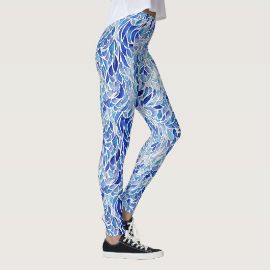 Cool Artsy Blue Abstracte Wave Feather Waterverf Leggings (Rechts)