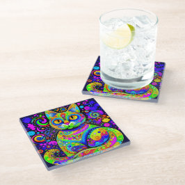 Cool Artsy Whimsical Vibrant Kleurrijke Kat Onderz Glazen Onderzetter