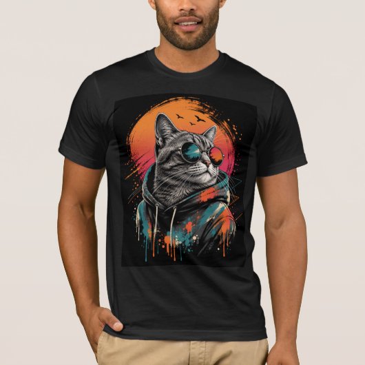 Cool astronaut kat retro zonsondergang T-shirt (Voorkant)