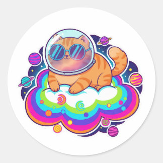 Cool Astronaut Orange Cat in Space on Rainbow Clou Ronde Sticker