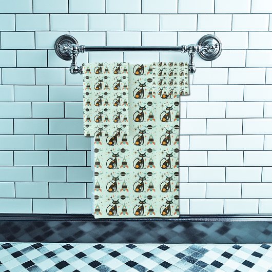 Cool Atomic Retro Cat Ruimteschip Saturnus Sterren Bad Handdoek