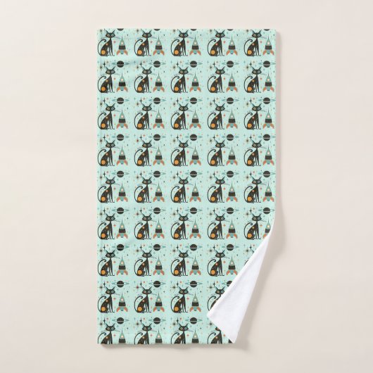 Cool Atomic Retro Cat Ruimteschip Saturnus Sterren Bad Handdoek (Handdoek)