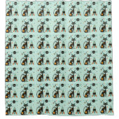Cool Atomic Retro Cat Ruimteschip Saturnus Sterren Douchegordijn (Voorkant)