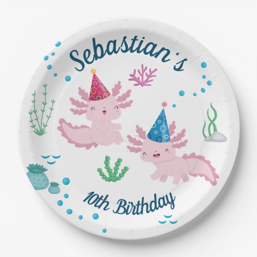 Cool Axolotl White Birthday Party Papieren Bordje (Voorkant)