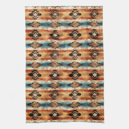 Cool Aztec Westerne faux houten tegelpatroon Theedoek (Verticaal)