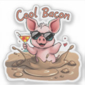 "Cool Bacon"Piglet in Sunglasses Cut Vinyl Sticker (Voorkant)