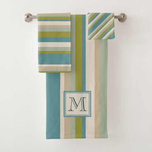 Cool Bamboe Blauwgroen Green Stripes Patroon | Mon Bad Handdoek (Insitu)