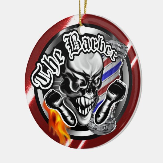 Cool Barber Skull met Flaming Razor Keramisch Ornament (Links)