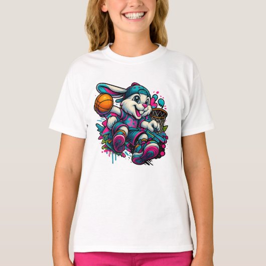 Cool Basketbal Bunny Cartoon T-shirt voor kinderen (Voorkant)
