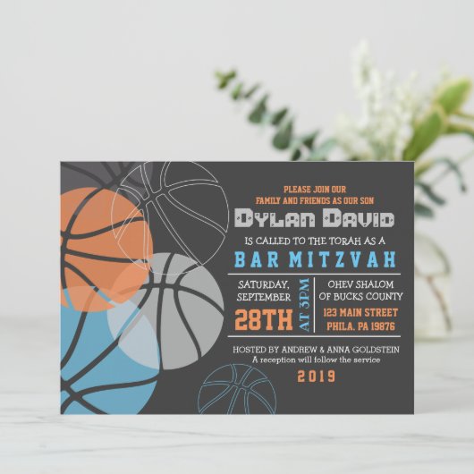 COOL BASKETBALL Bar Bat Mitzvah Uitnodiging (Staand voorkant)
