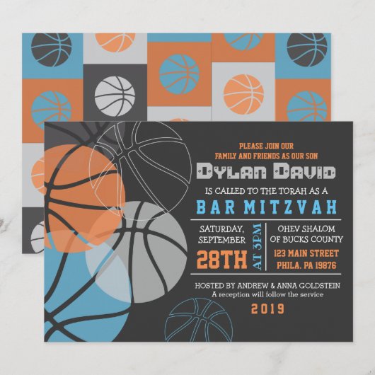 COOL BASKETBALL Bar Bat Mitzvah Uitnodiging (Voorkant / Achterkant)