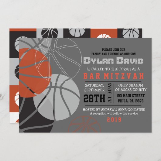 COOL BASKETBALL Bar Mitzvah Uitnodiging (Voorkant / Achterkant)