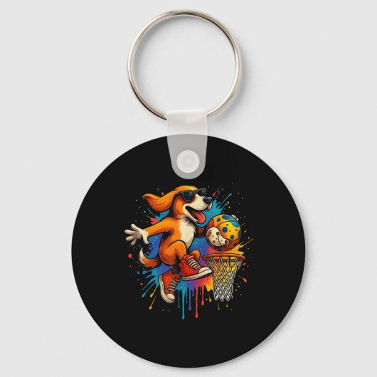 Cool Basketball Dog Dunking Fun Kinder Pet Lover Sleutelhanger (Voorkant)