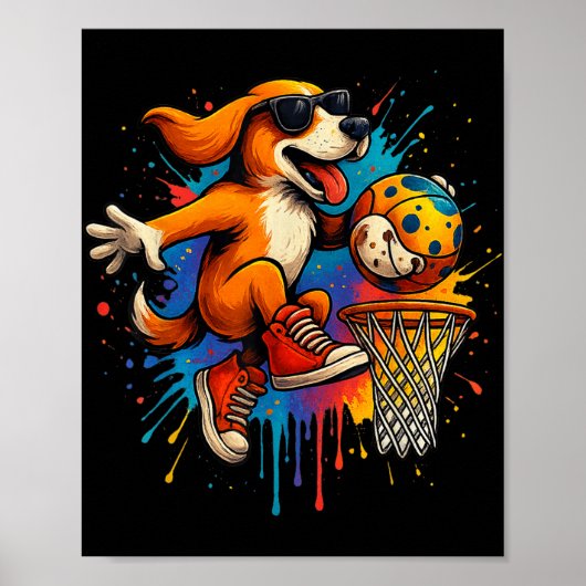 Cool Basketball Hond Dunking Fun Kinderen Huisdier Poster (Voorkant)