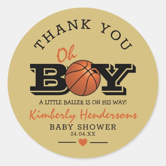 Cool Basketball "Oh Boy" Baby shower Dank u Ronde Sticker (Voorkant)