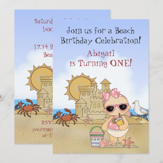 Cool Beach Baby 1e Verjaardagsuitnodiging voor Mei Kaart (Voorkant / Achterkant)