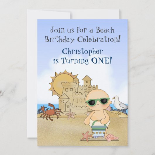 Cool Beach Baby Boys 1st Birthday Invitation Kaart (Voorkant)