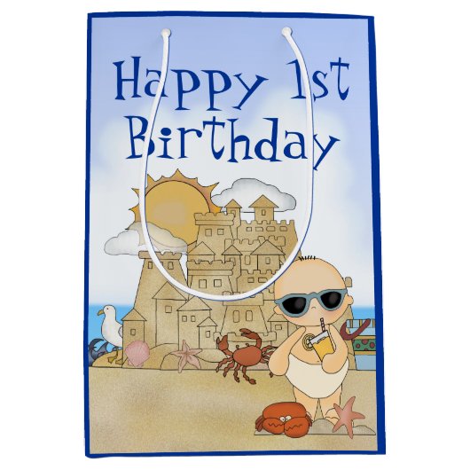 Cool Beach Baby Sandcastle Boy Baby 1ste verjaarda Medium Cadeauzakje (Voorkant)