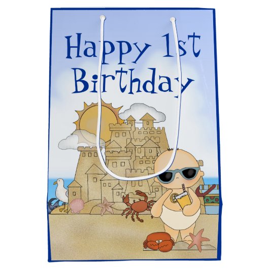Cool Beach Baby Sandcastle Boy Baby 1ste verjaarda Medium Cadeauzakje (Achterkant)