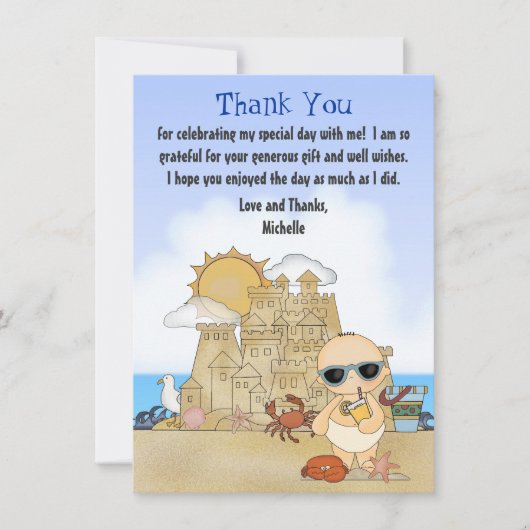 Cool Beach Baby Sandcastle Boys Baby shower Flat Bedankkaart (Voorkant)