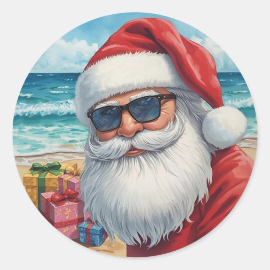 Cool Beach Santa Sticker – Tropical Holiday Vibes (Voorkant)