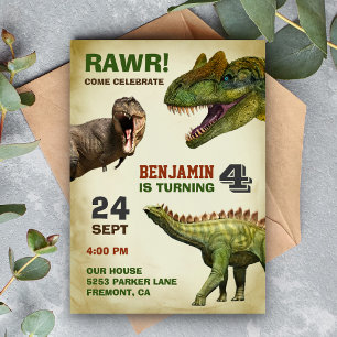 Cool Big Dinosaur Kids Birthday Party Invitation Kaart