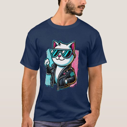 Cool Biker Cat Retro Lederen Jas & Zonnebril T-shirt (Voorkant)