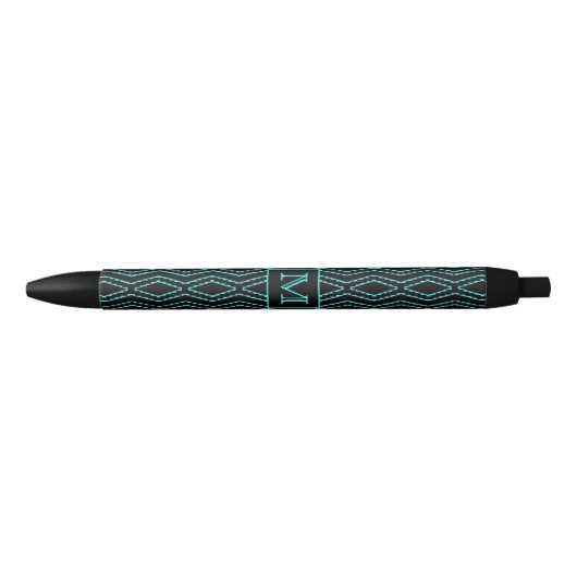 Cool Black and Blue Jagged ZigZag Pattern Monogram Zwarte Inkt Pen (Voorkant)
