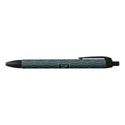 Cool Black and Blue Jagged ZigZag Pattern Monogram Zwarte Inkt Pen (Bovenkant)