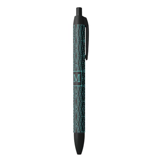 Cool Black and Blue Jagged ZigZag Pattern Monogram Zwarte Inkt Pen (Achterkant (Verticaal))
