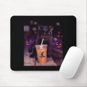 Cool black cat drinking iced coffee halloween muismat (Met muis)